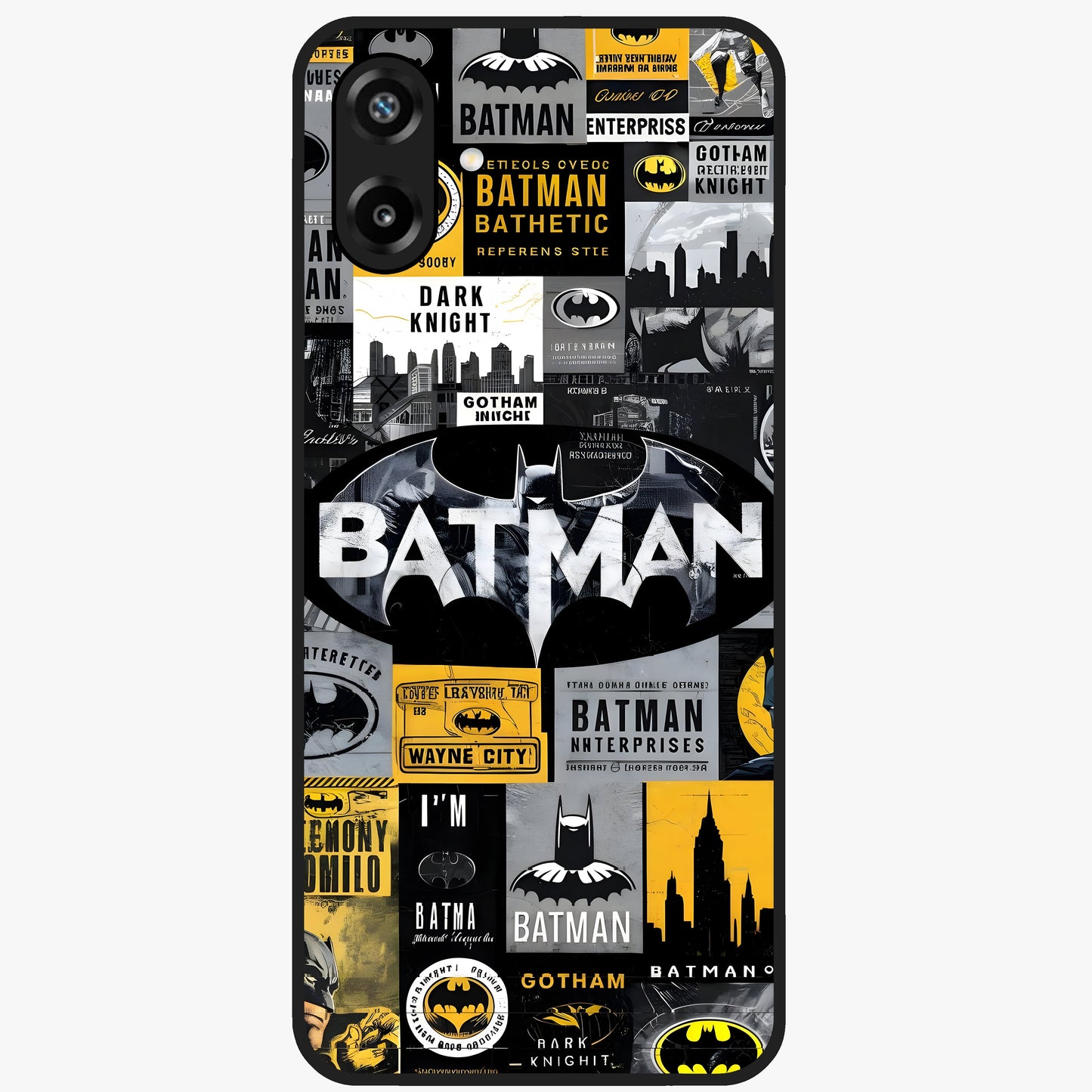 Knight Gotham Rise Glass Case showing flat back view with dark hero inspired artwork and glossy glass finish.
