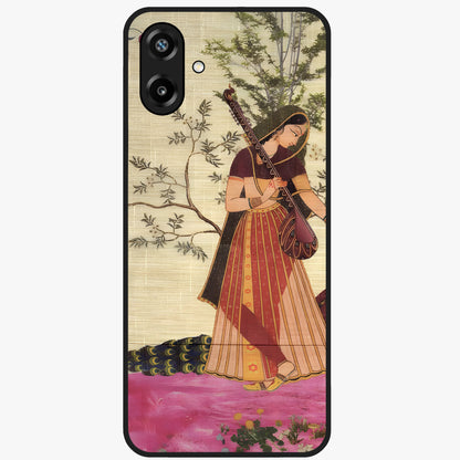 Lady With Veena Art Glass Case showing flat back view with elegant woman playing veena artwork and glossy glass finish.