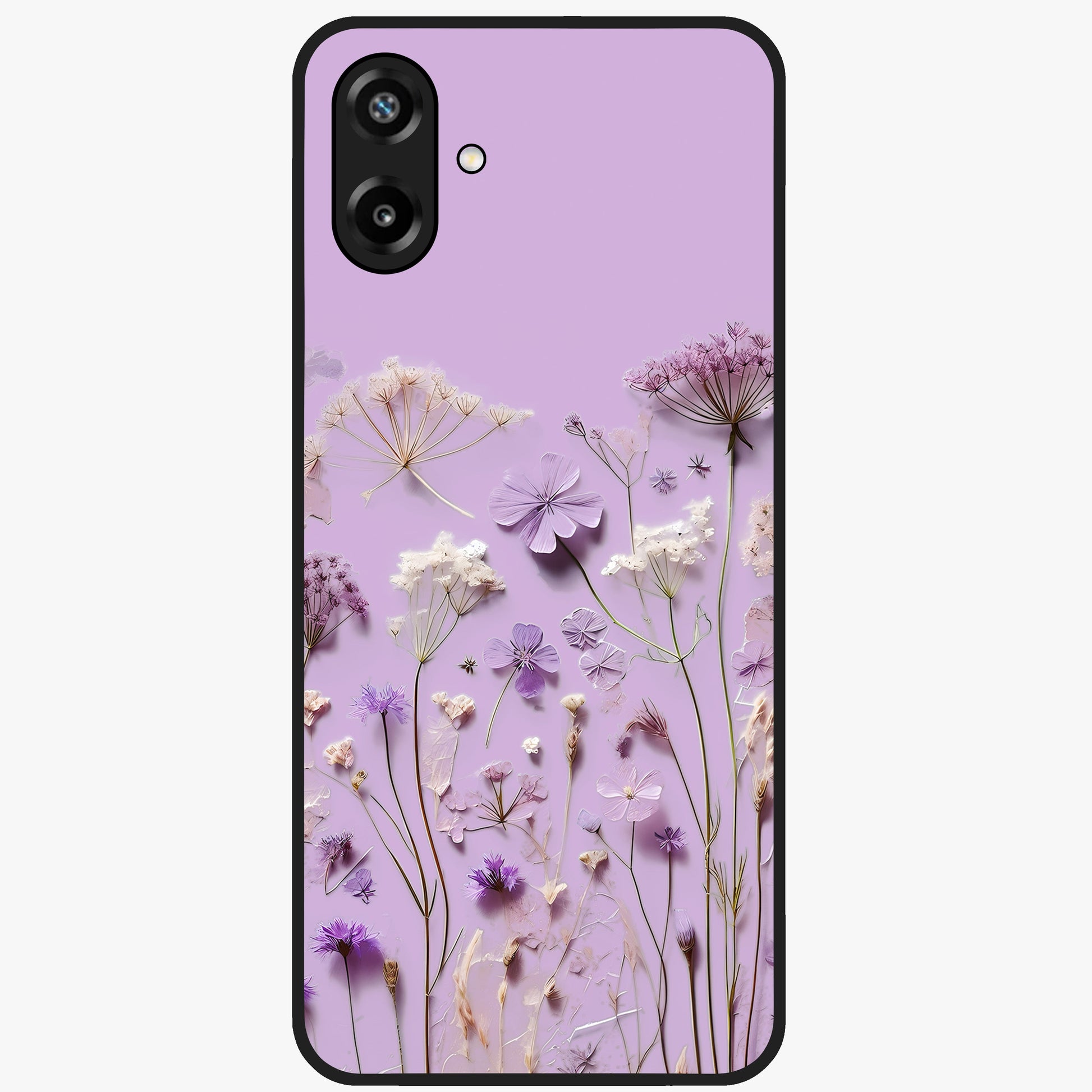Lavender Blossom Dream Glass Case showing flat back view with soft lavender floral artwork and glossy glass finish.