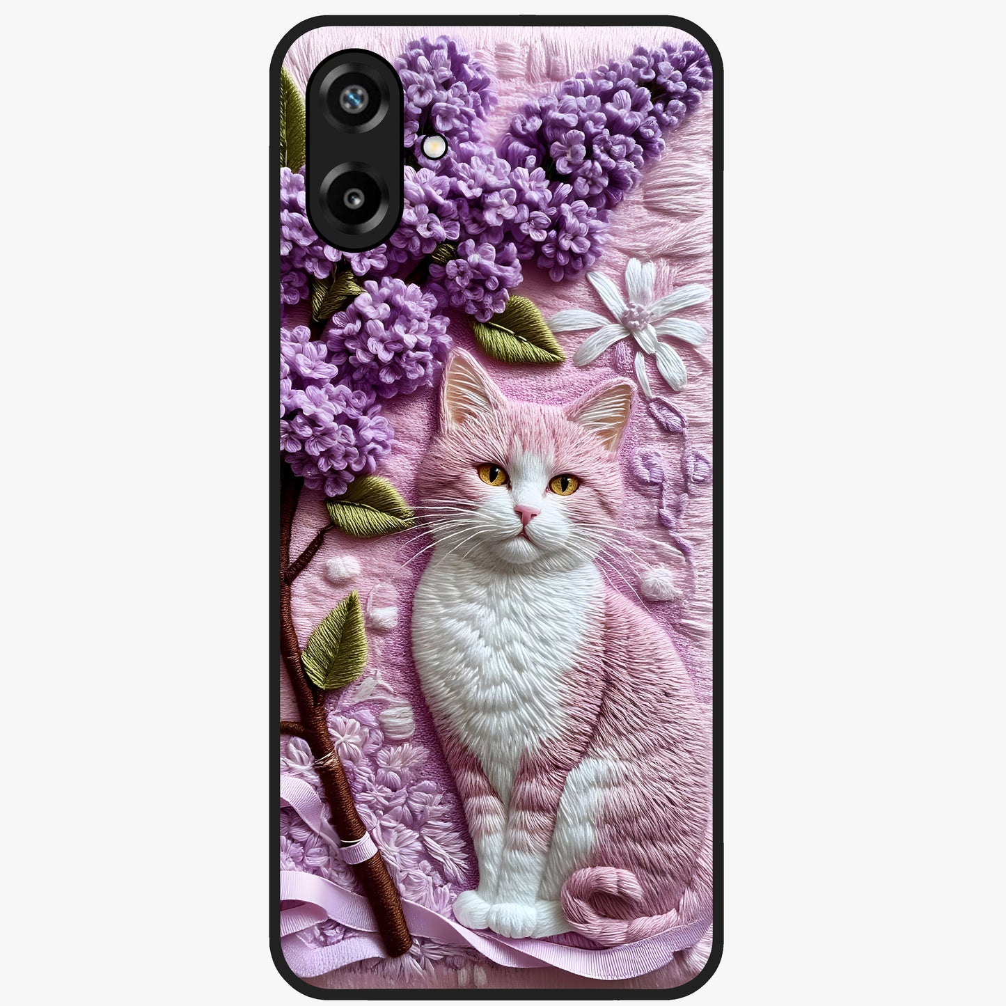 Lavender Cat Whimsy Glass Case showing flat back view with cute lavender cat artwork and glossy glass finish.