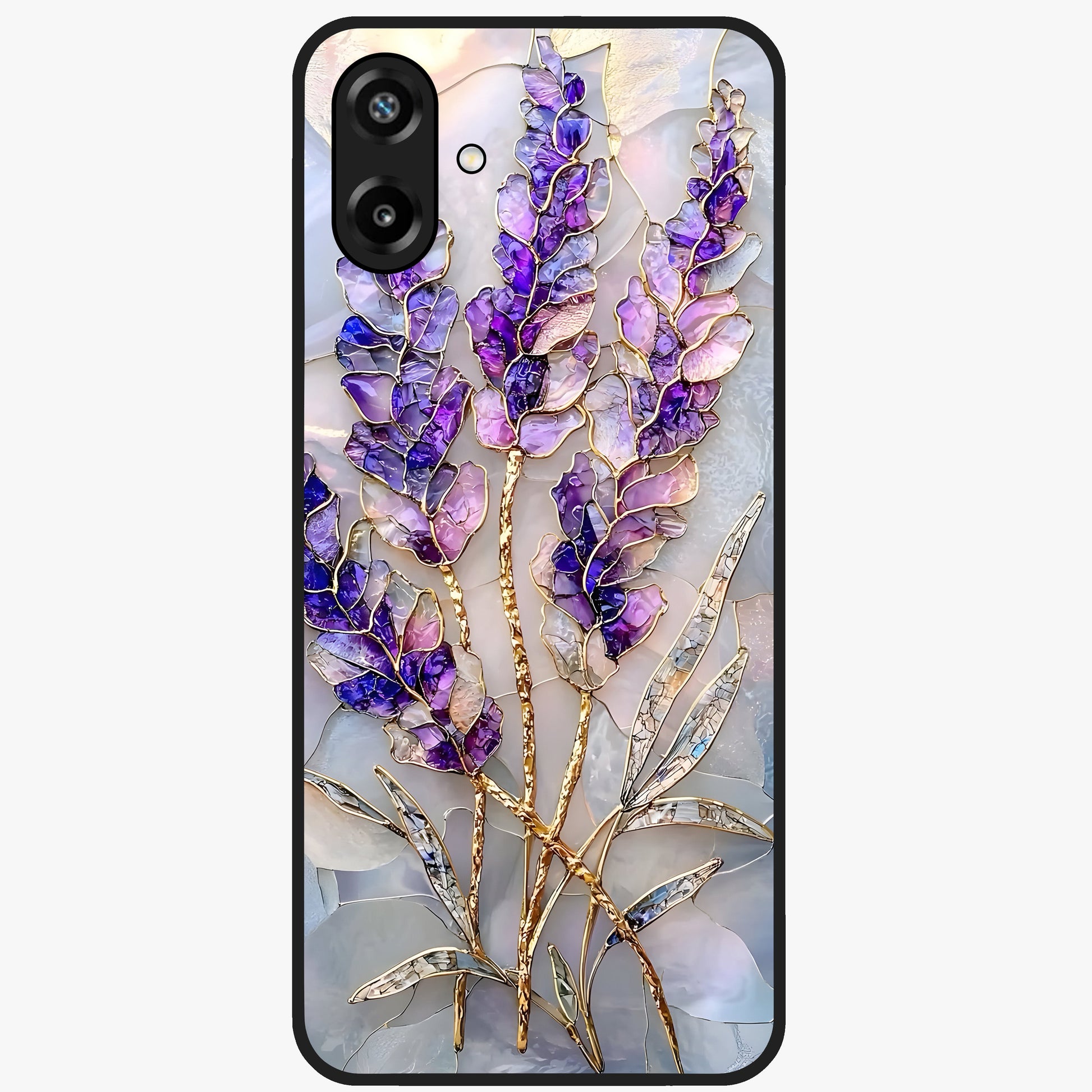 Lavender Dream Glow Glass Case showing flat back view with glowing lavender aesthetic artwork and glossy glass finish.