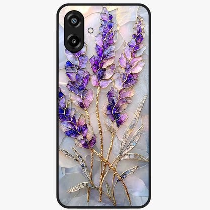 Lavender Dream Glow Glass Case showing flat back view with glowing lavender aesthetic artwork and glossy glass finish.