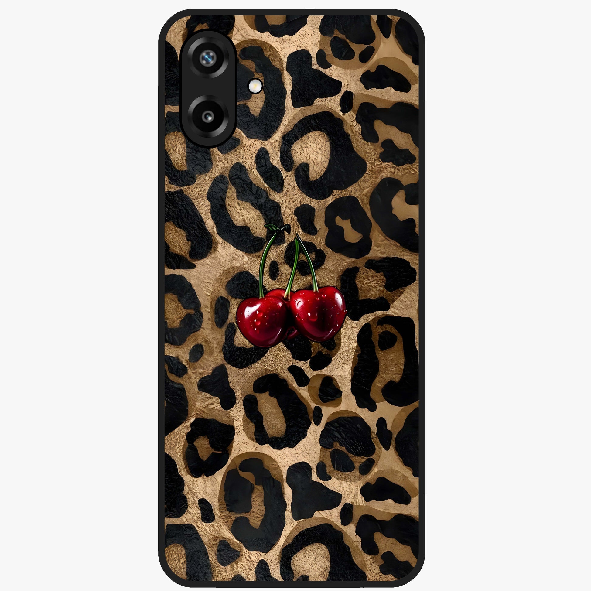 Leopard Wild Cherry Glass Case showing flat back view with leopard pattern and cherry artwork and glossy glass finish.
