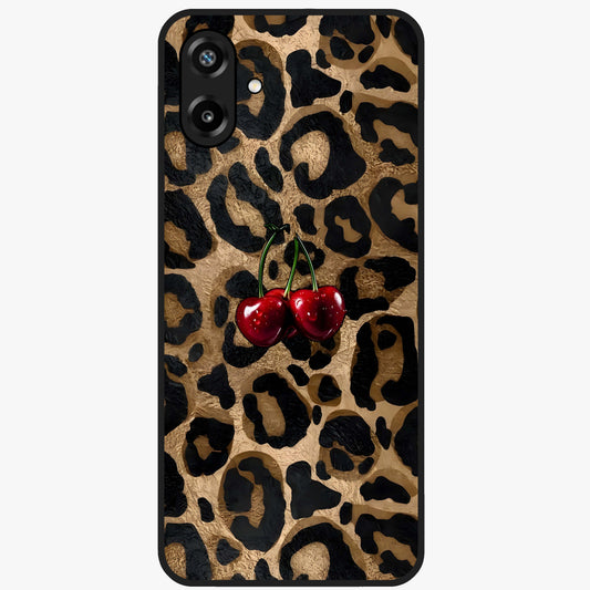 Leopard Wild Cherry Glass Case showing flat back view with leopard pattern and cherry artwork and glossy glass finish.