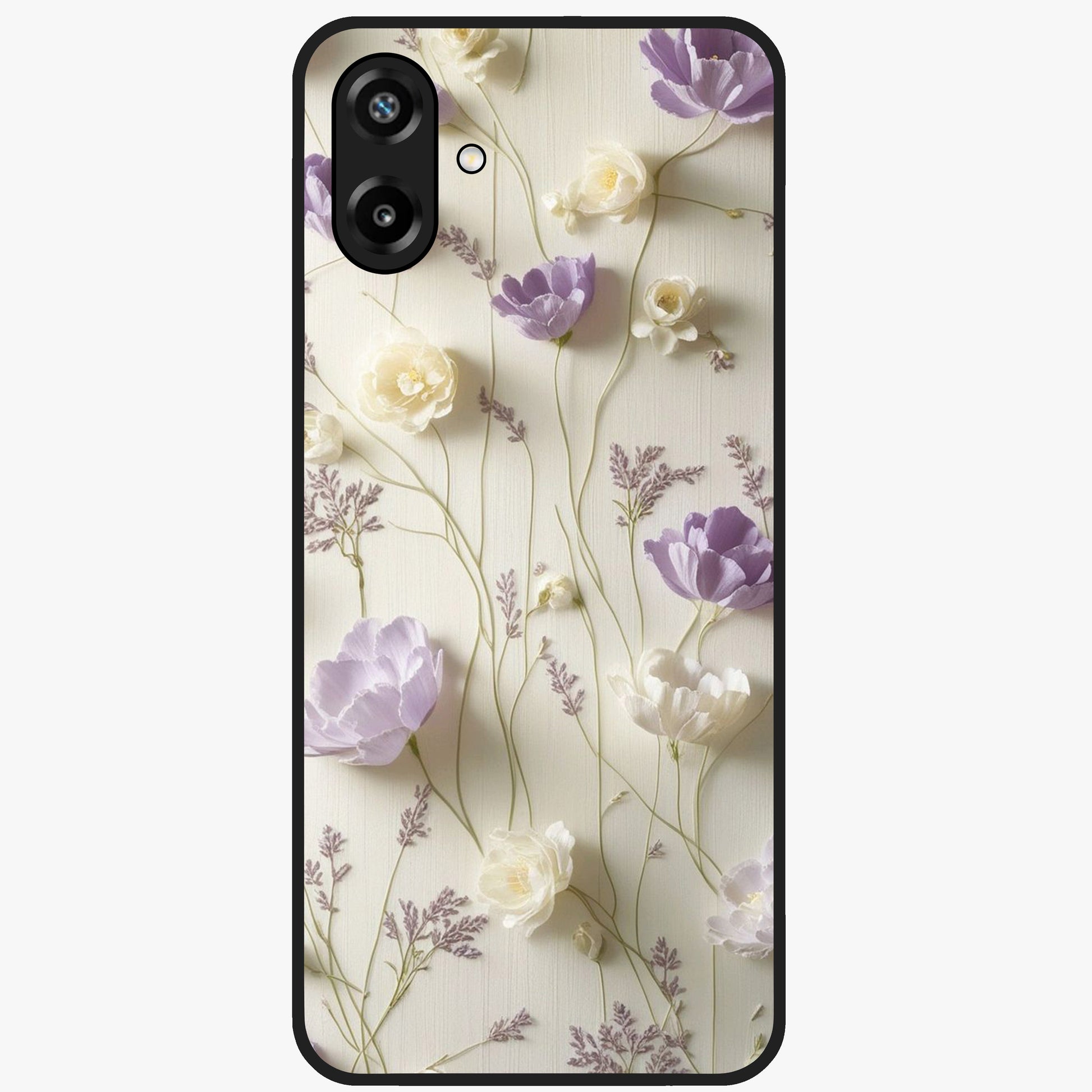 Lilac Breeze Harmony Glass Case showing flat back view with soft lilac themed artwork and glossy glass finish.