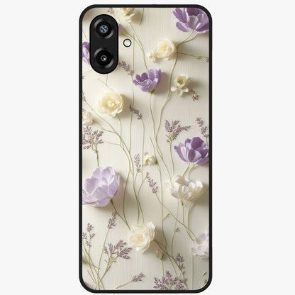 Lilac Breeze Harmony Glass Case showing flat back view with soft lilac themed artwork and glossy glass finish.