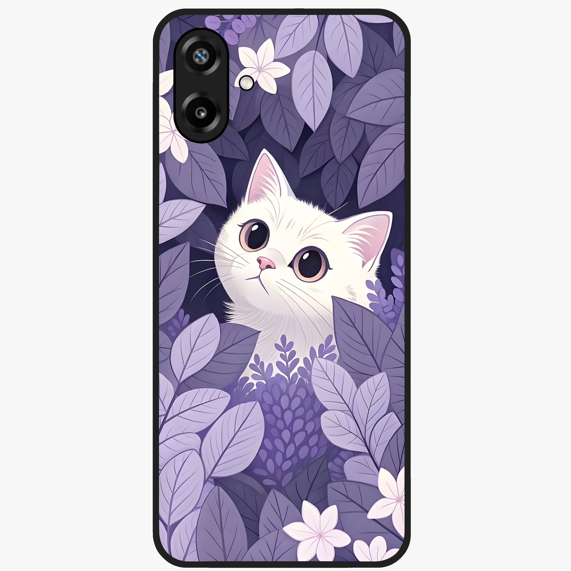Lilac Hide Peek Cat Glass Case showing flat back view with cute peeking cat artwork and glossy glass finish.