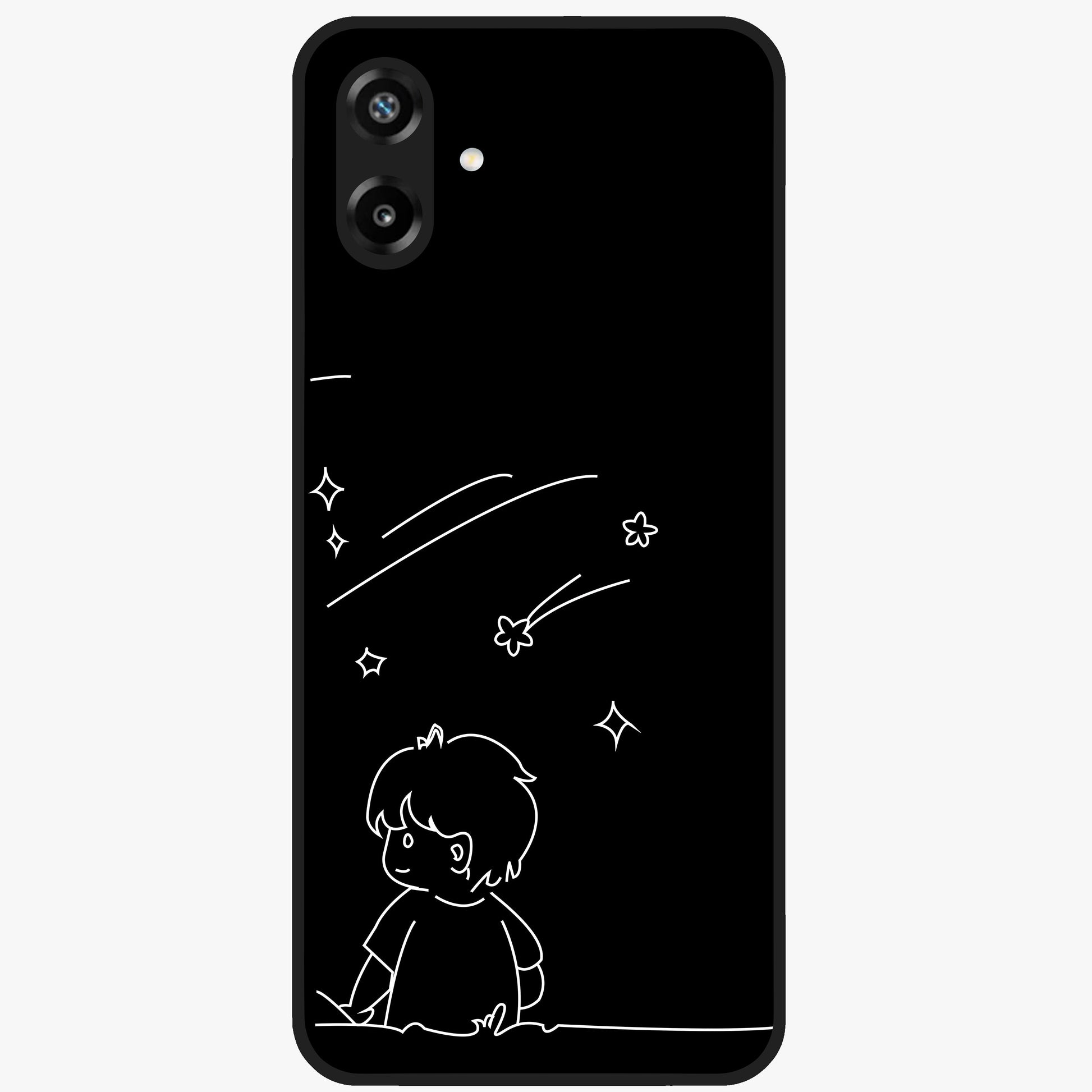 Line Art Boy With Shooting Stars Glass Case showing flat back view with minimal line art boy and shooting stars illustration and glossy glass finish.