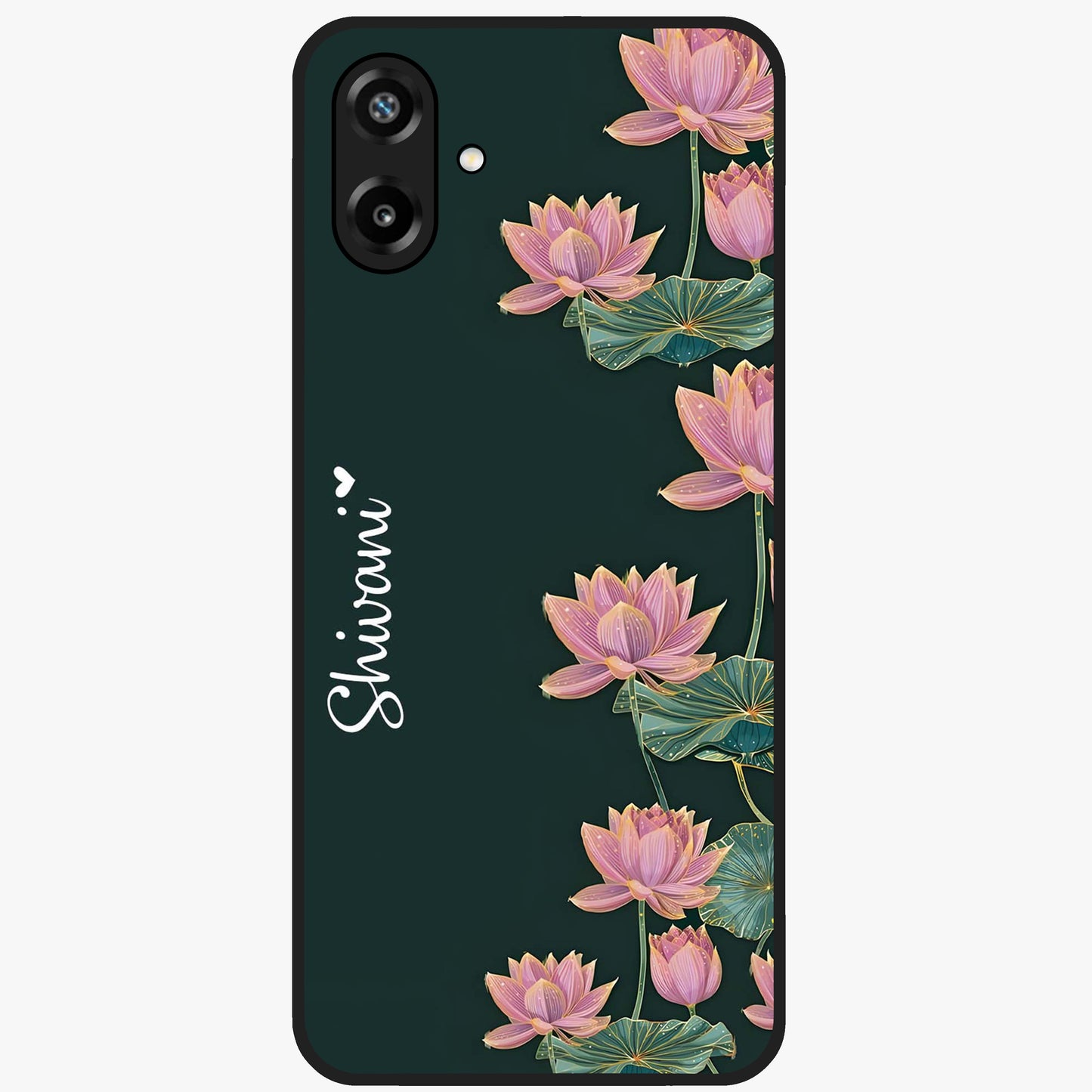 Lotus Bloom Serenity Custom Name Glass Case showing flat back view with elegant lotus flower artwork and personalized name design.