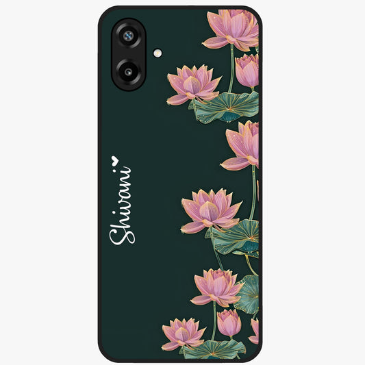 Lotus Bloom Serenity Custom Name Glass Case showing flat back view with elegant lotus flower artwork and personalized name design.