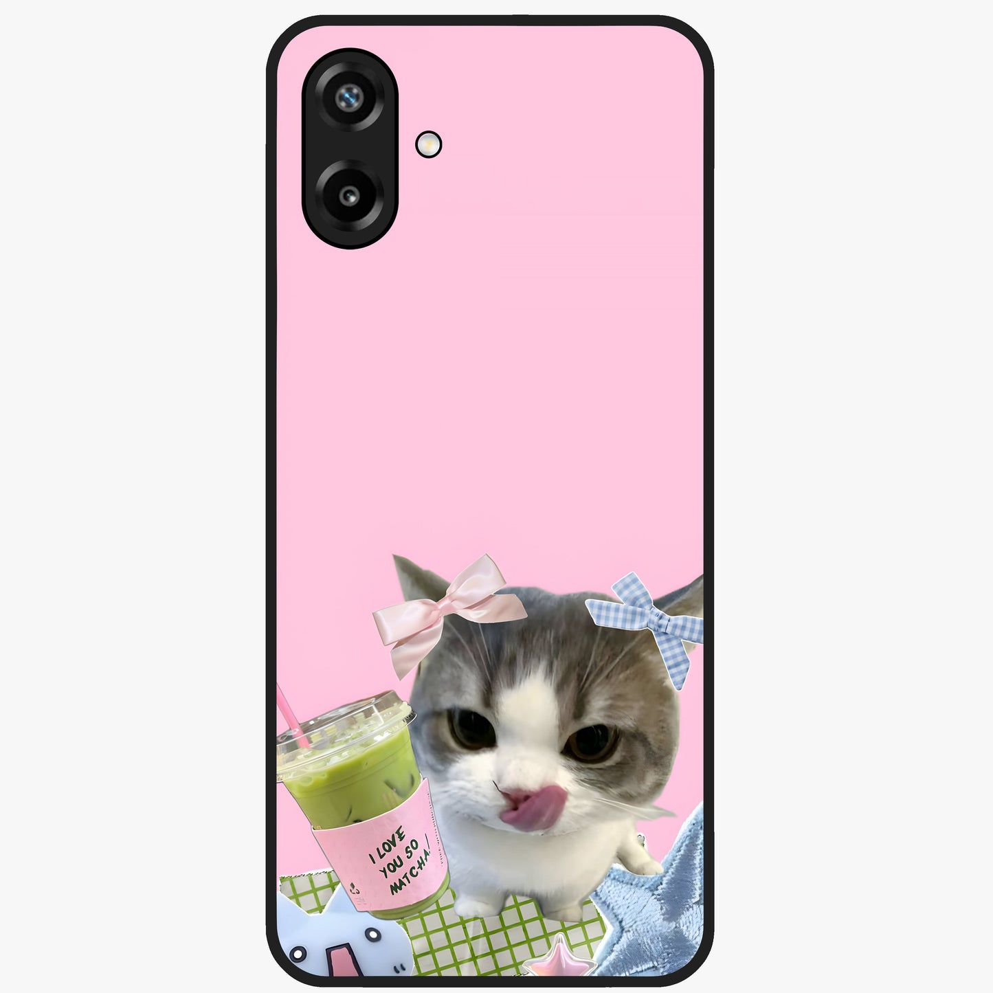 Love Matcha Cat Glass Case showing flat back view with cute cat and matcha themed artwork and glossy glass finish.