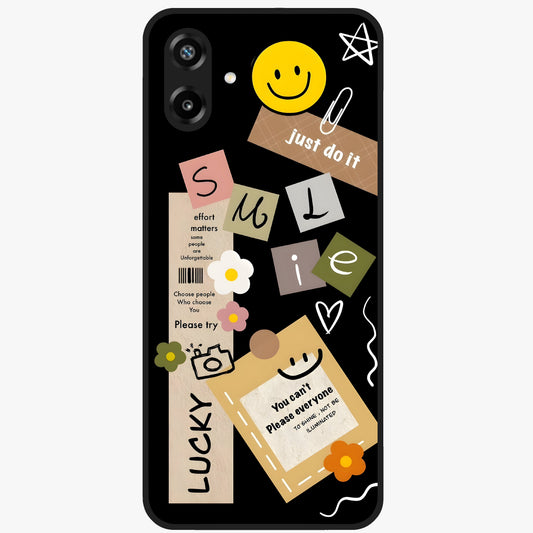 Lucky Aesthetic Collage Glass Case showing flat back view with trendy aesthetic collage artwork and glossy glass finish.