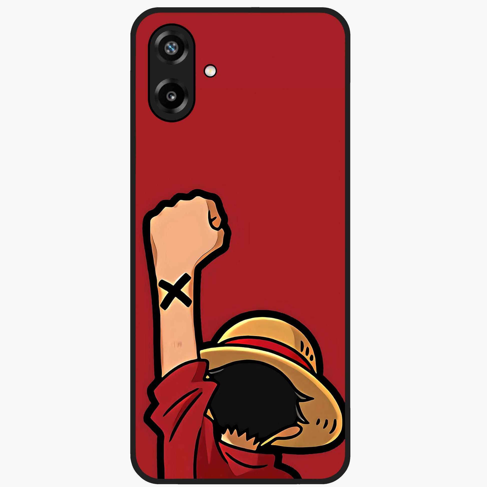 Luffy X Spirit Glass Case showing flat back view with bold anime character artwork and glossy glass finish.