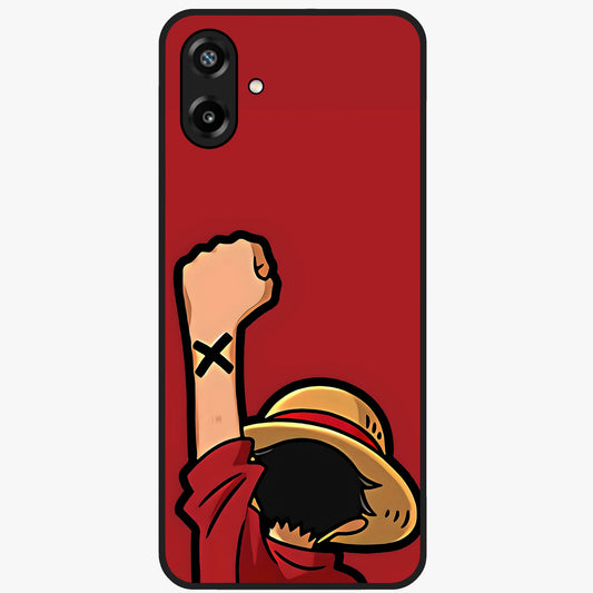Luffy X Spirit Glass Case showing flat back view with bold anime character artwork and glossy glass finish.