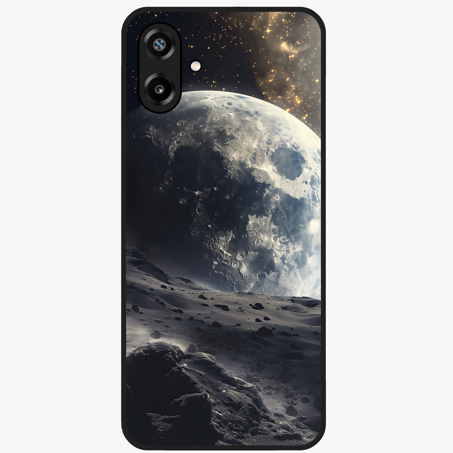 Lunar Horizon Glow Glass Case showing flat back view with glowing moon horizon artwork and glossy glass finish.