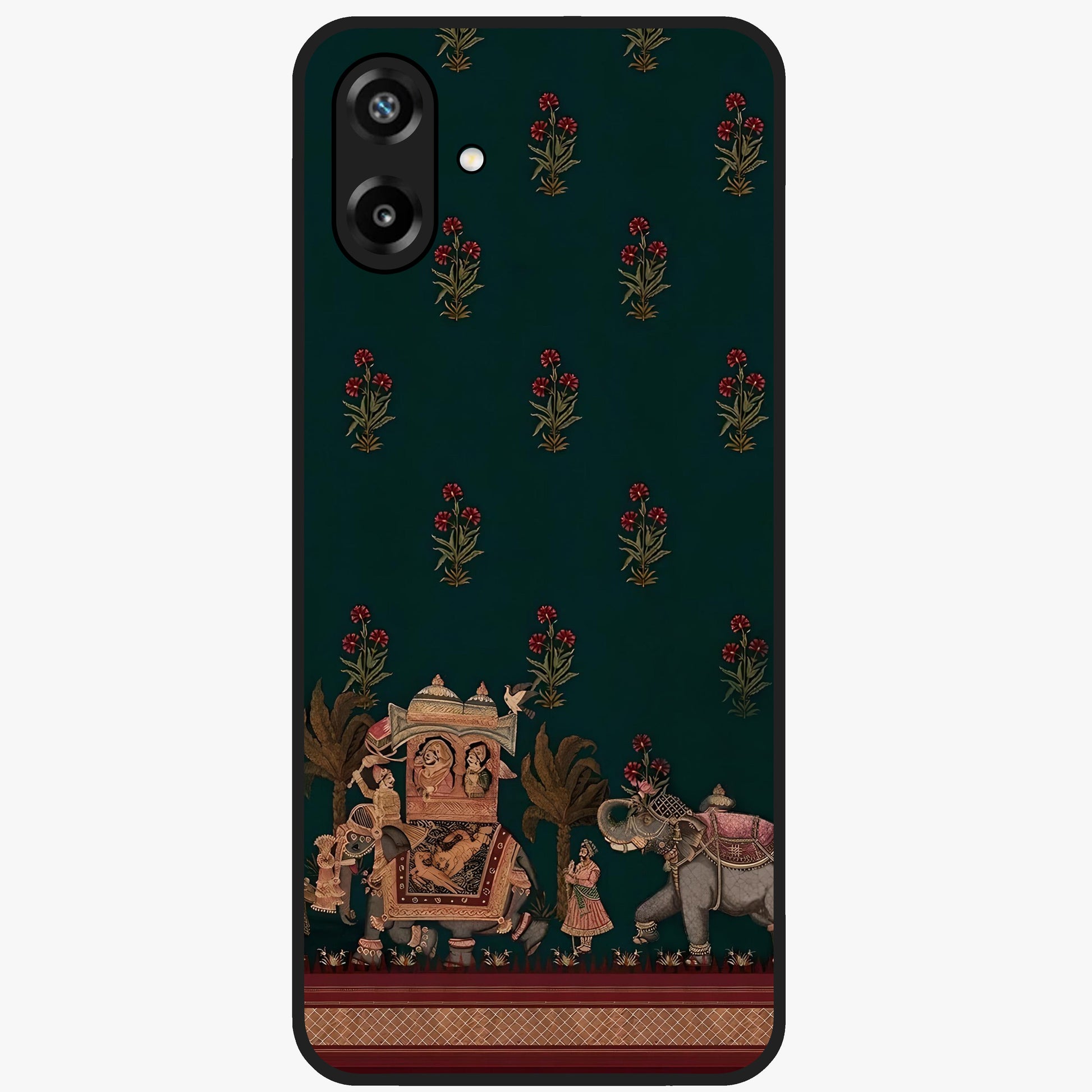 Macmerise Glass Case showing flat back view with stylish modern artwork and glossy glass finish.