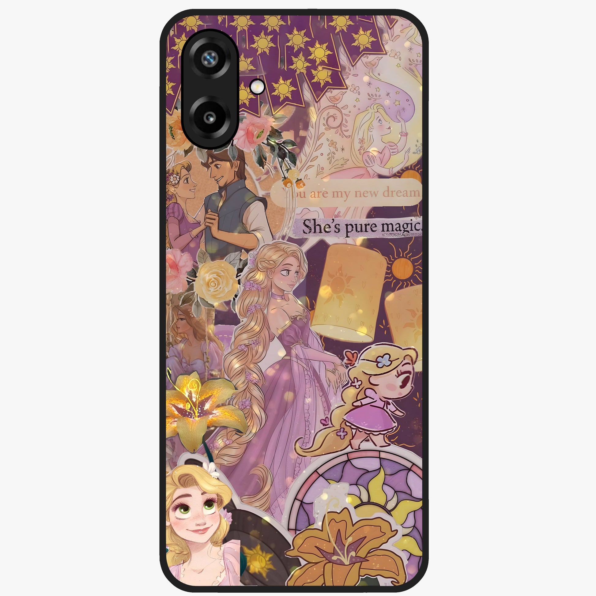 Magical Tangled Dream Glass Case showing flat back view with dreamy tangled artwork and glossy glass finish.