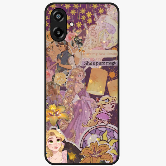 Magical Tangled Dream Glass Case showing flat back view with dreamy tangled artwork and glossy glass finish.