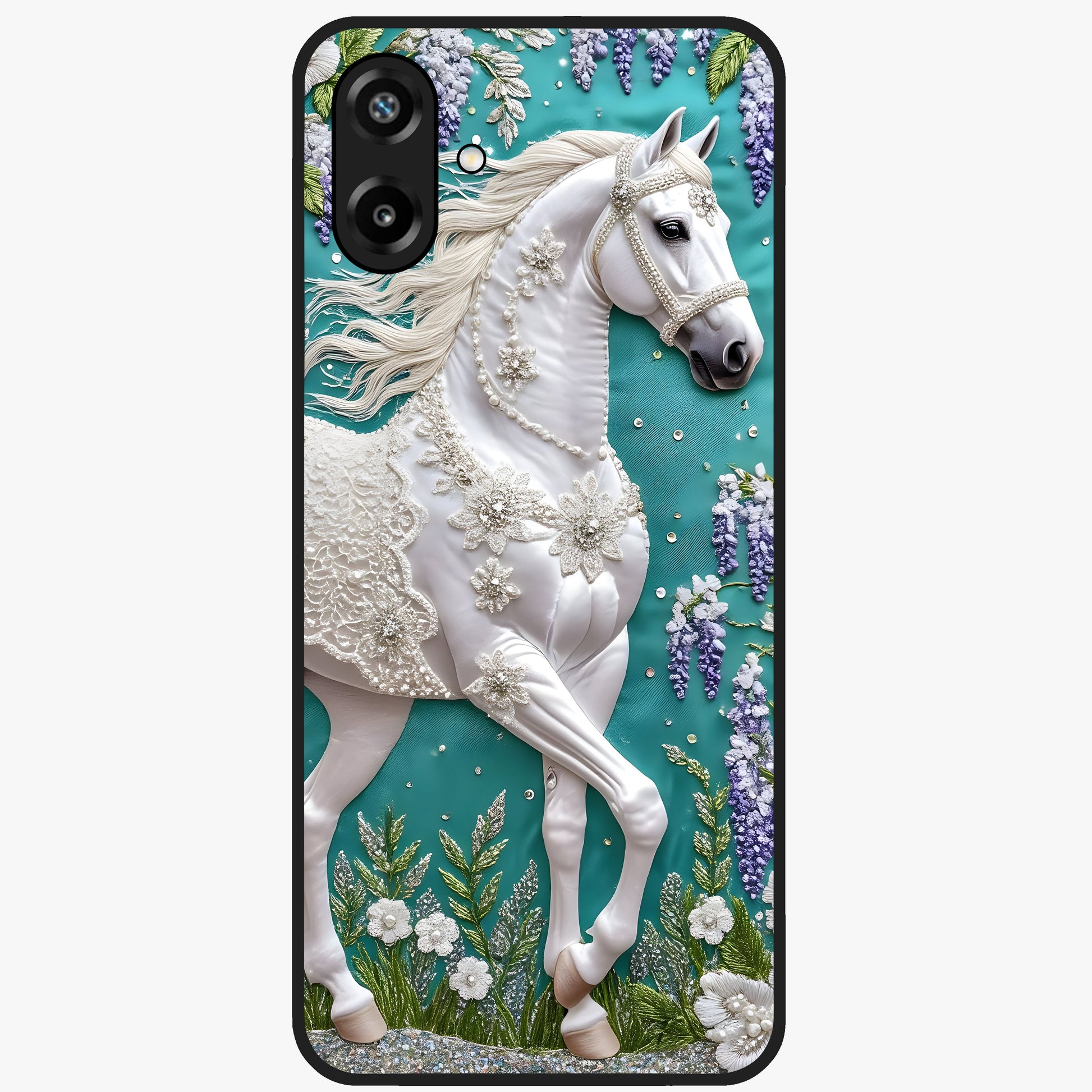 Majestic Floral Stallion Glass Case showing flat back view with powerful horse and floral artwork and glossy glass finish.