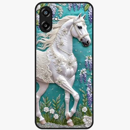 Majestic Floral Stallion Glass Case showing flat back view with powerful horse and floral artwork and glossy glass finish.