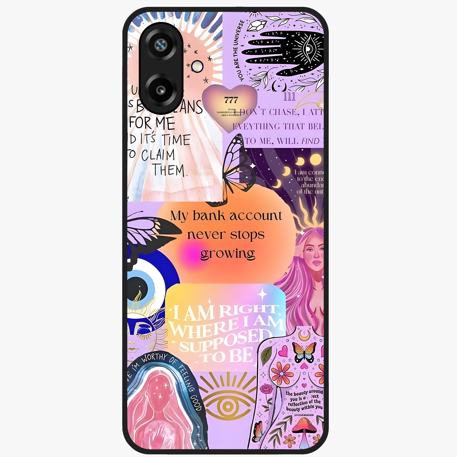 Manifestation Collage Glass Case showing flat back view with motivational collage artwork and glossy glass finish.