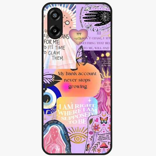 Manifestation Collage Glass Case showing flat back view with motivational collage artwork and glossy glass finish.