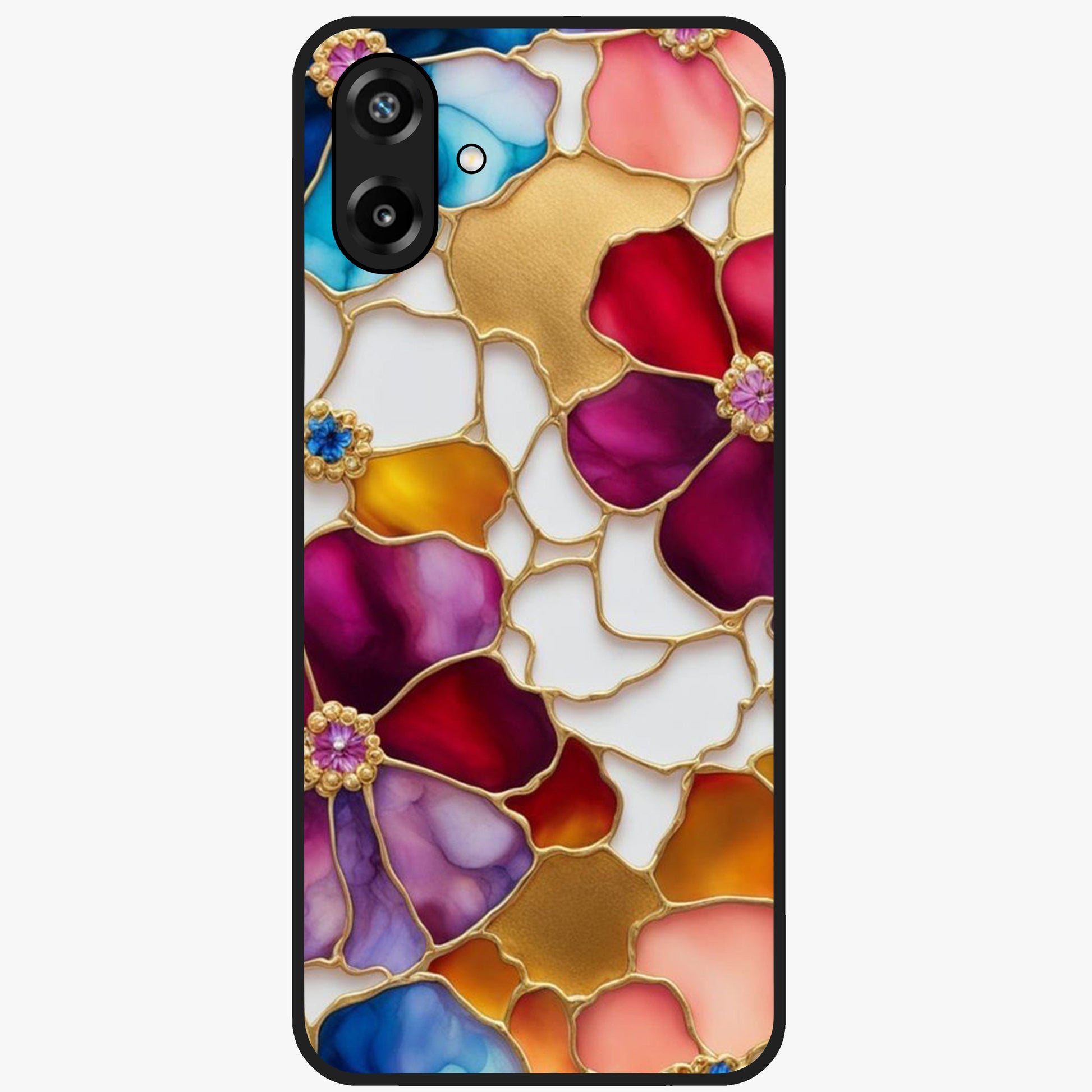 Marble Flower Pattern Glass Case showing flat back view with marble texture floral artwork and glossy glass finish.