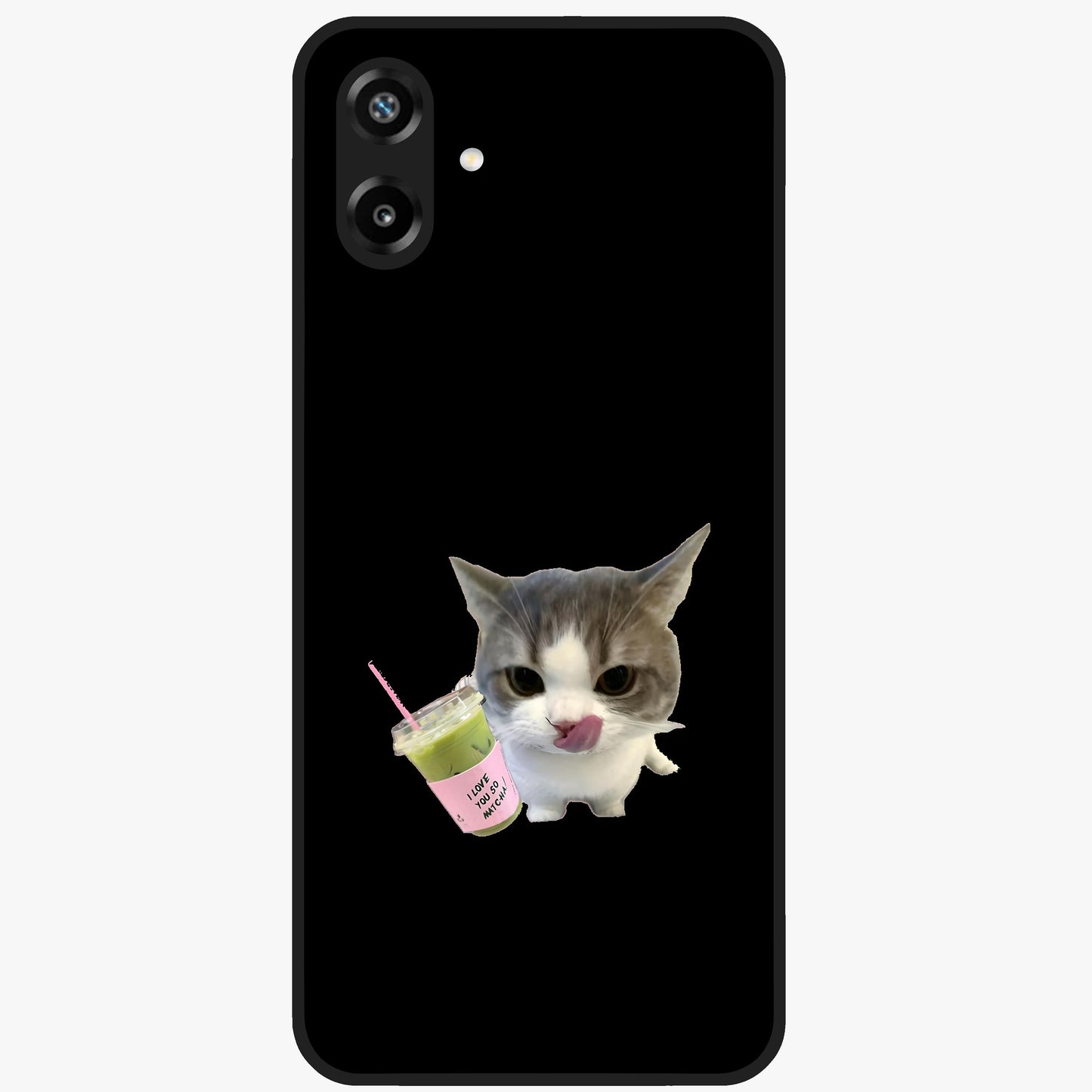 Matcha Cat Style Glass Case showing flat back view with cute matcha themed cat artwork and glossy glass finish.