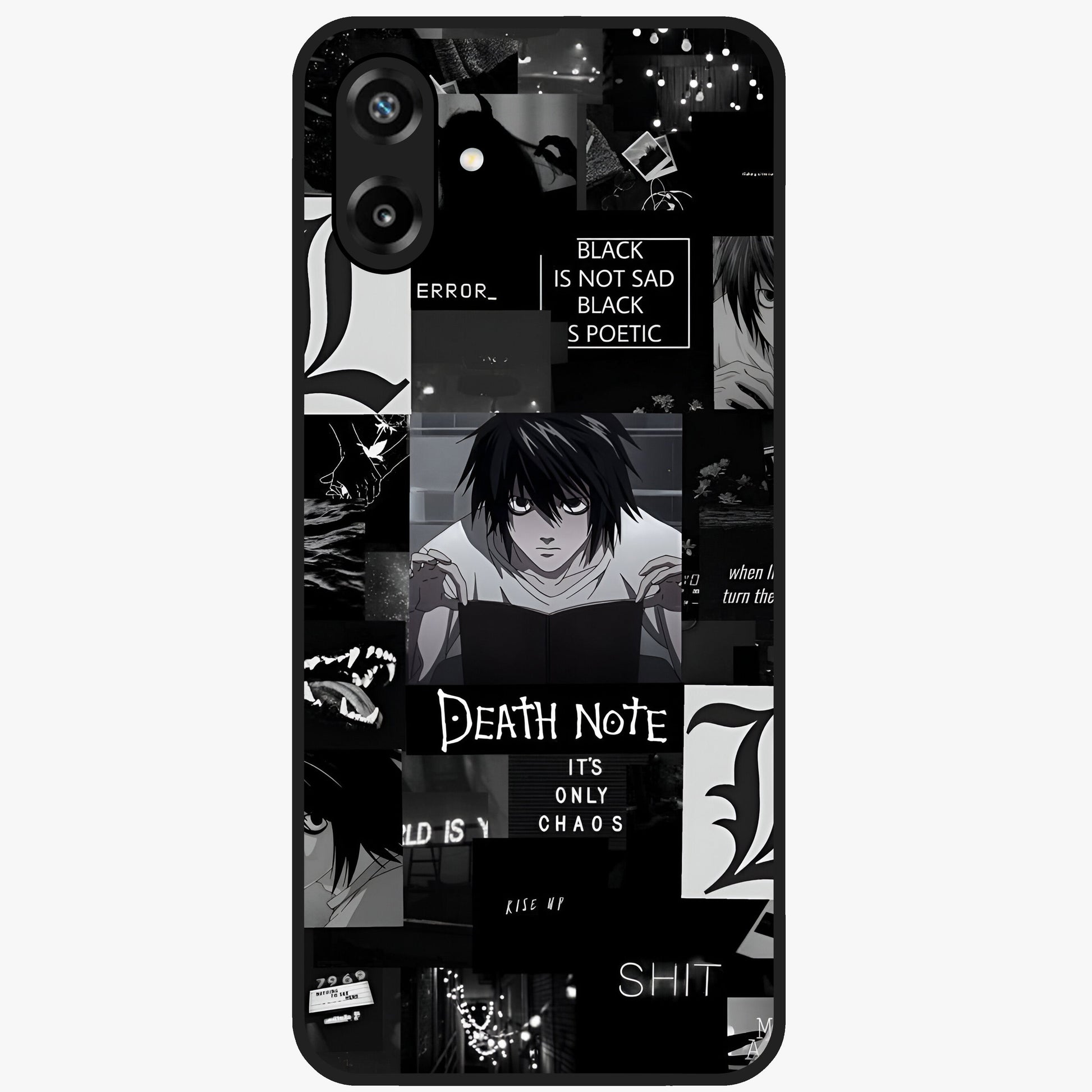 Midnight Chaos Mind Glass Case showing flat back view with abstract dark themed artwork and glossy glass finish.