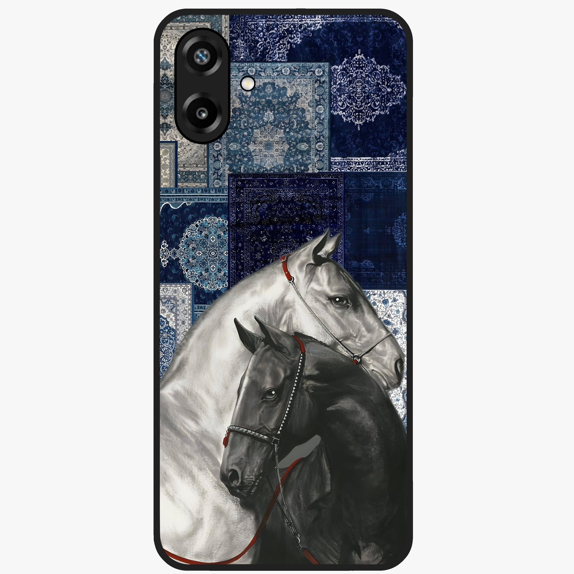 Midnight Stallion Blues Glass Case showing flat back view with majestic horse artwork and glossy glass finish.