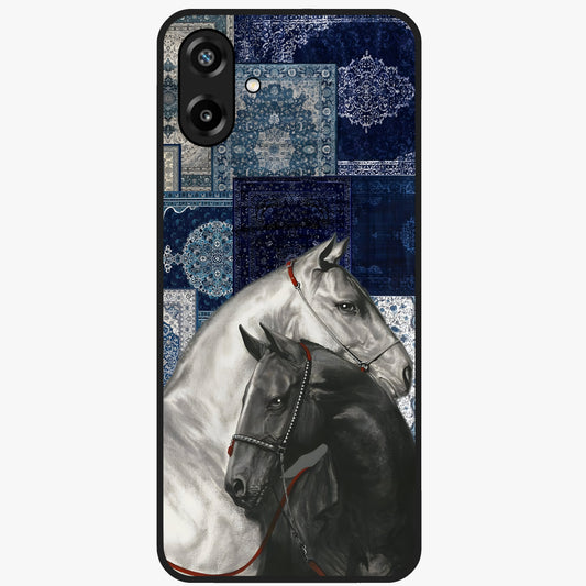 Midnight Stallion Blues Glass Case showing flat back view with majestic horse artwork and glossy glass finish.