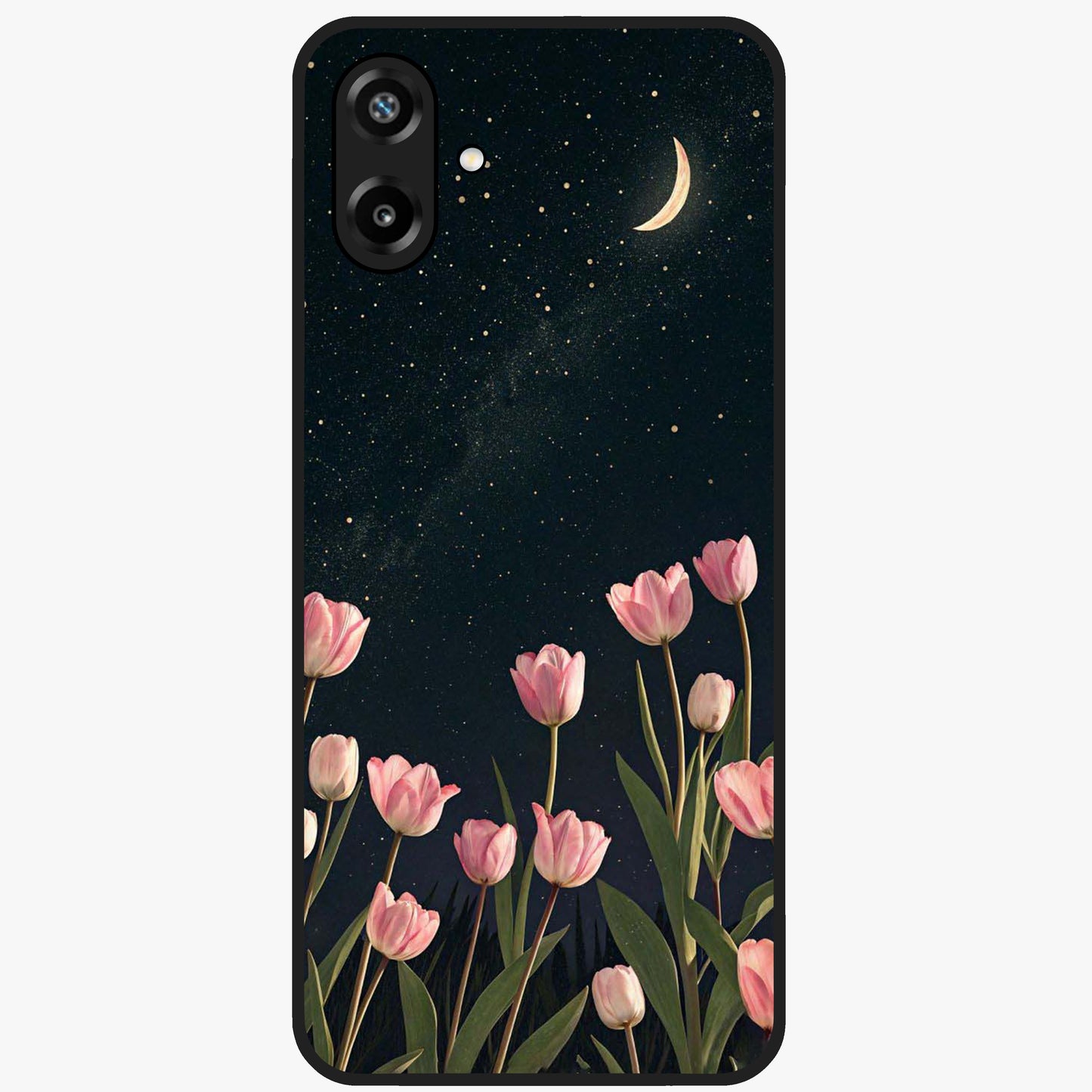 Midnight Tulip Whispers Vibe Glass Case showing flat back view with elegant tulip flower artwork and glossy glass finish.