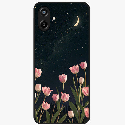 Midnight Tulip Whispers Vibe Glass Case showing flat back view with elegant tulip flower artwork and glossy glass finish.