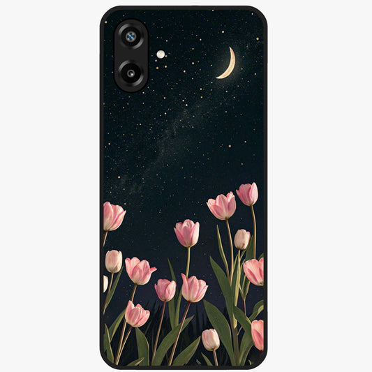Midnight Tulip Whispers Vibe Glass Case showing flat back view with elegant tulip flower artwork and glossy glass finish.