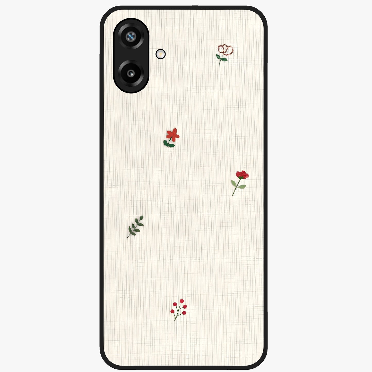 Minimal Petal Whispers Glass Case showing flat back view with soft minimal floral artwork and glossy glass finish.