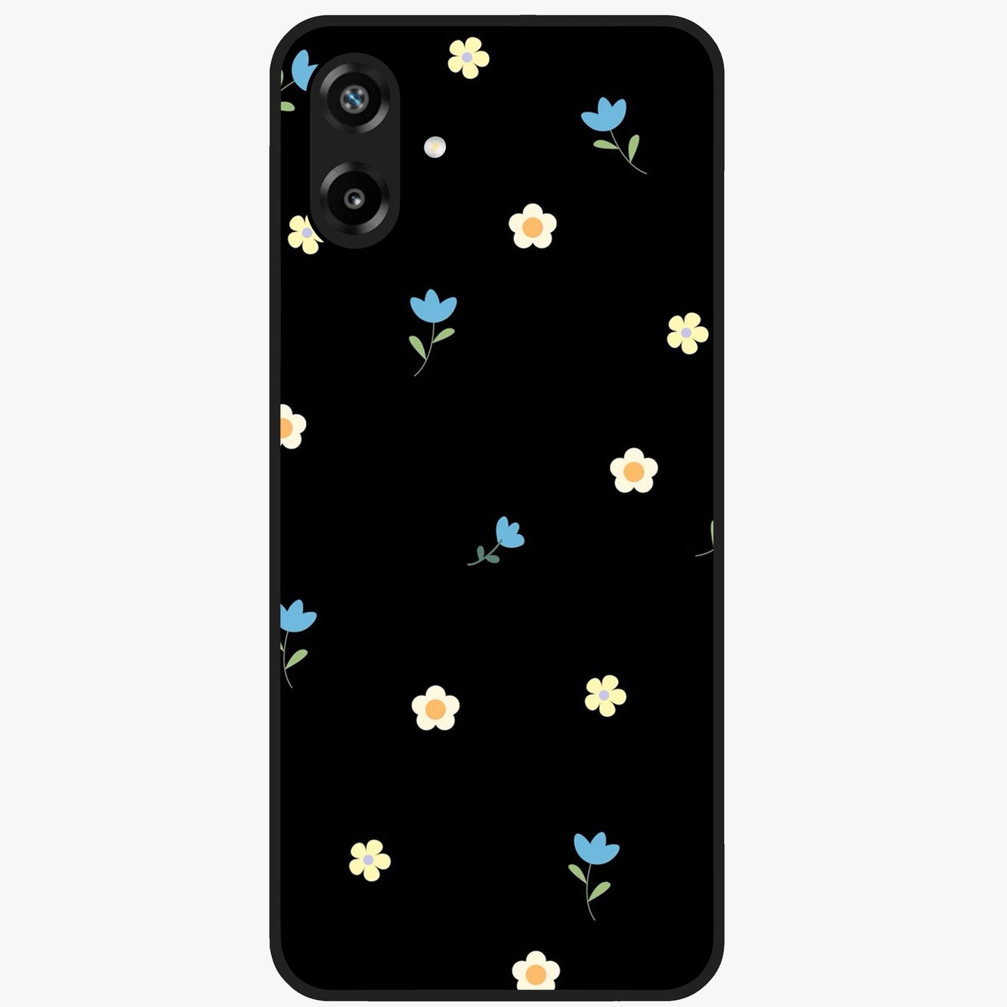 Minimalistic Blue With White Flower Pattern Glass Case showing flat back view with blue background and white flower pattern and glossy glass finish.