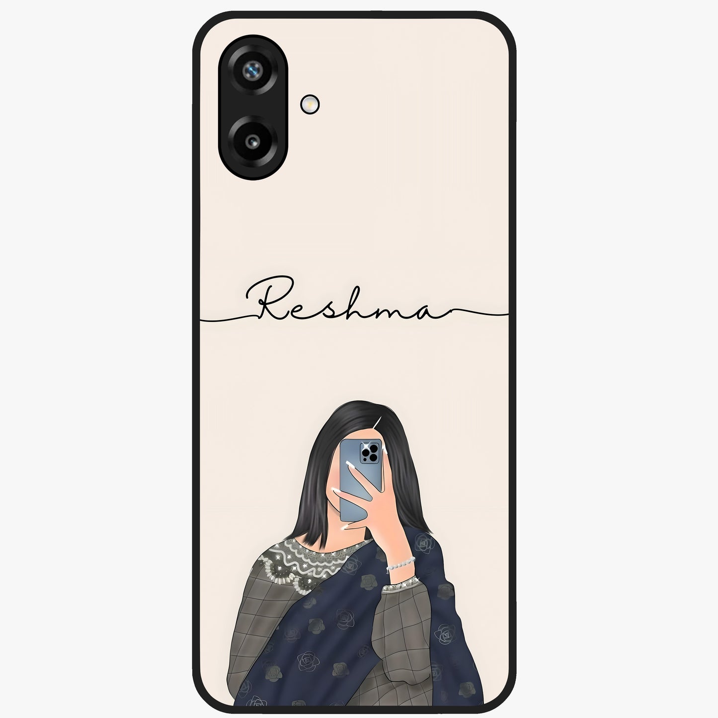 Mirror Mood Muse With Custom Name Glass Case showing flat back view with stylish mirrored artwork and personalized name design.