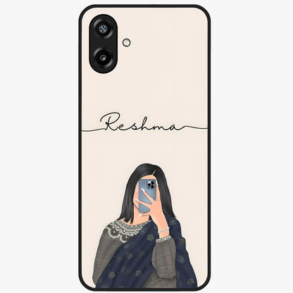 Mirror Mood Muse With Custom Name Glass Case showing flat back view with stylish mirrored artwork and personalized name design.