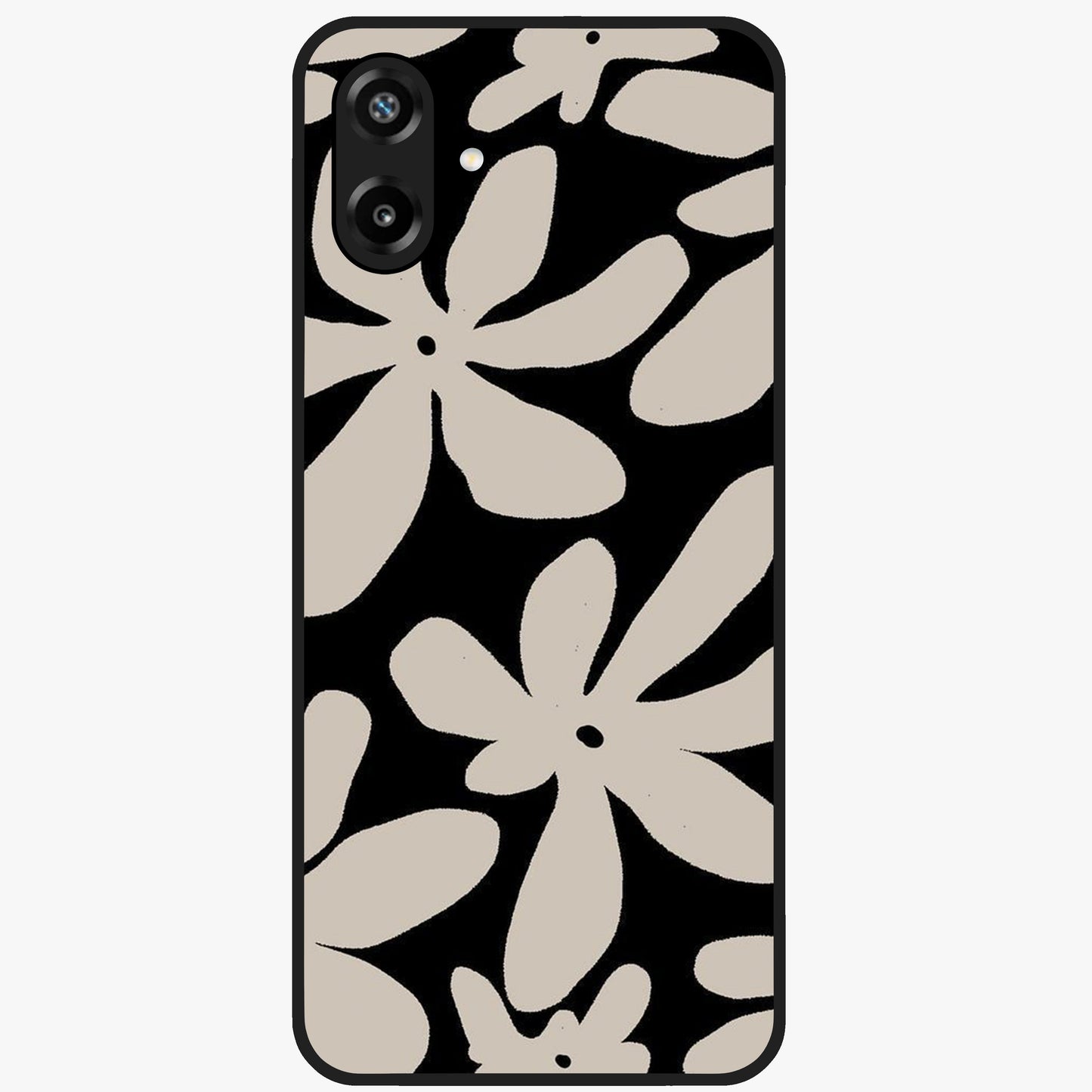 Monochrome Petal Dance Glass Case showing flat back view with monochrome floral artwork and glossy glass finish.