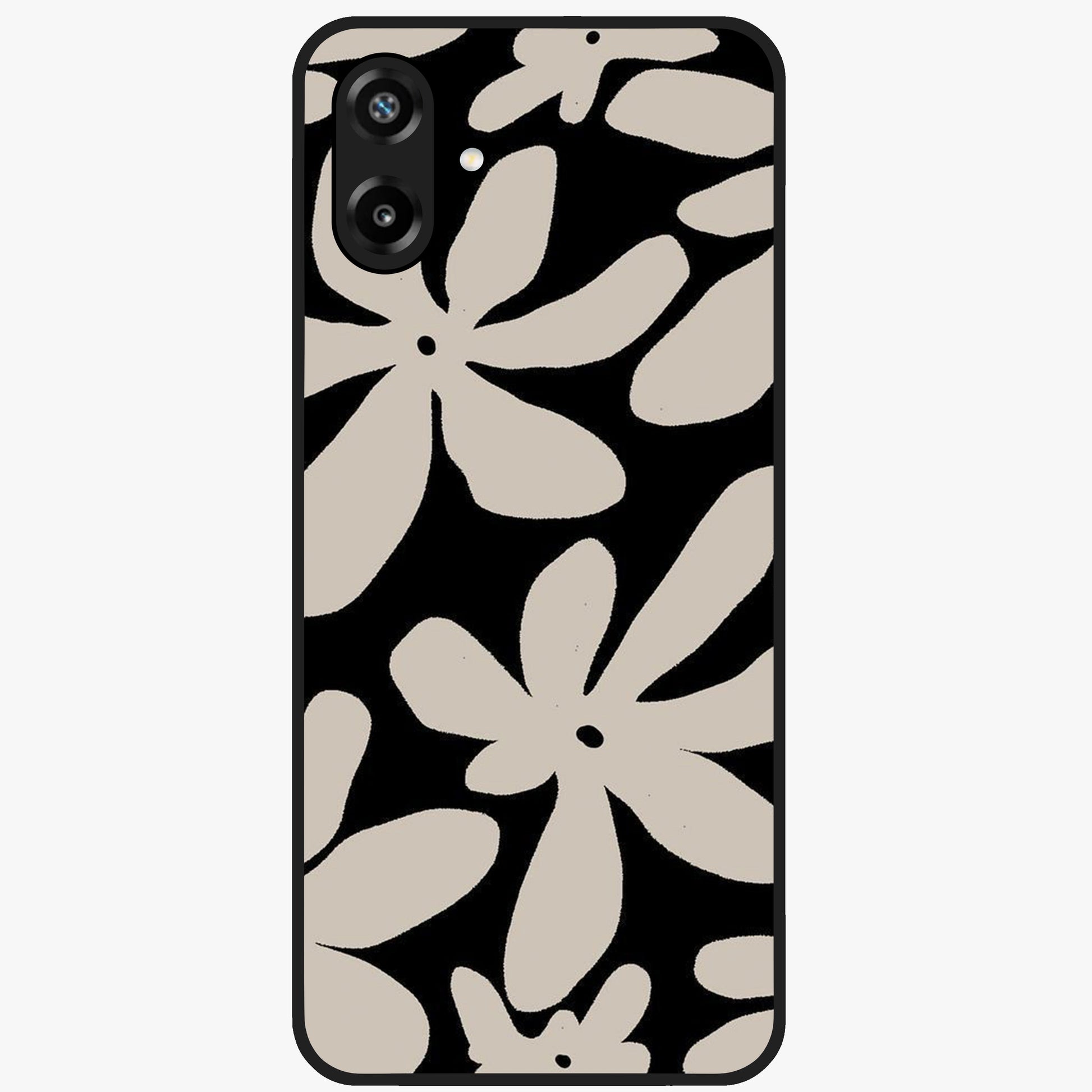 Monochrome Petal Dance Glass Case showing flat back view with monochrome floral artwork and glossy glass finish.