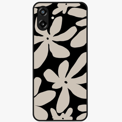 Monochrome Petal Dance Glass Case showing flat back view with monochrome floral artwork and glossy glass finish.