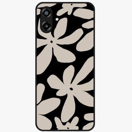 Monochrome Petal Dance Glass Case showing flat back view with monochrome floral artwork and glossy glass finish.