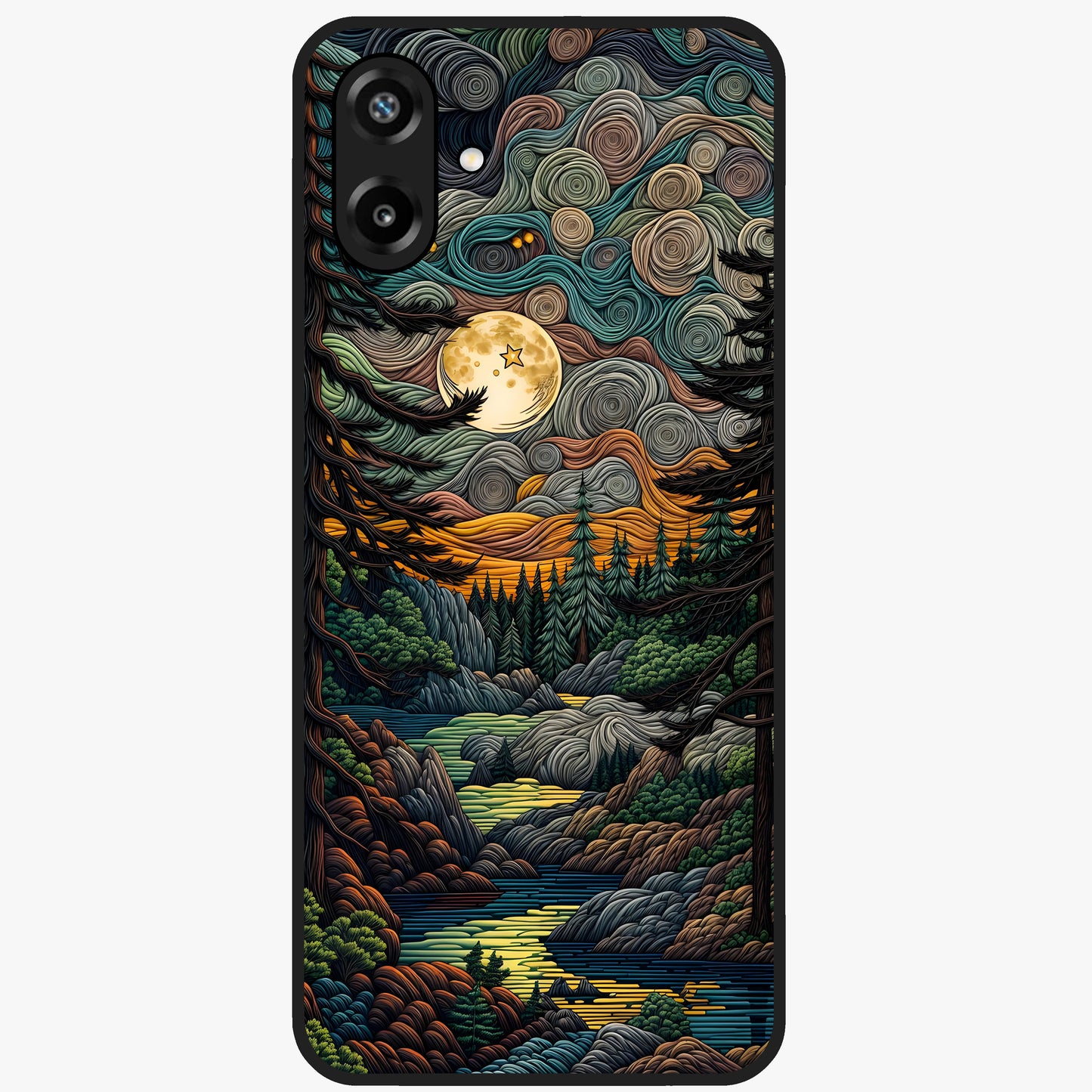 Moonlight Forest Dream Glass Case showing flat back view with mystical forest moonlight artwork and glossy glass finish.