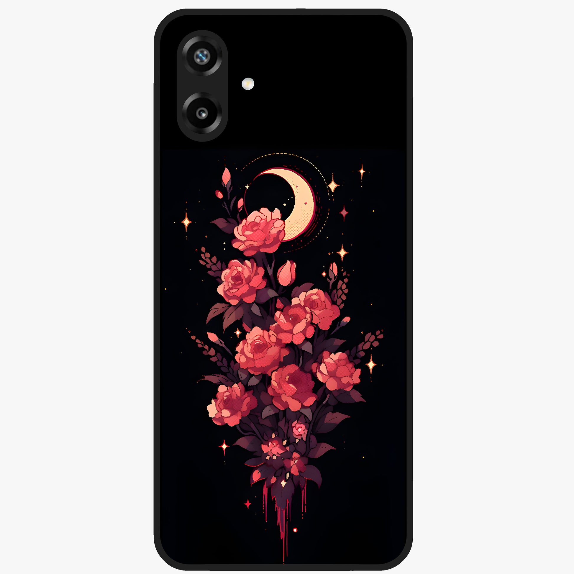 Moonlit Floral Elegance Glass Case showing flat back view with elegant floral artwork under moonlit tones and glossy glass finish.