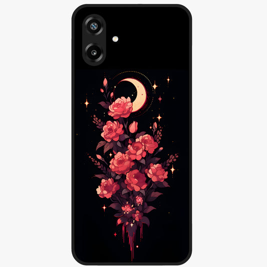 Moonlit Floral Elegance Glass Case showing flat back view with elegant floral artwork under moonlit tones and glossy glass finish.