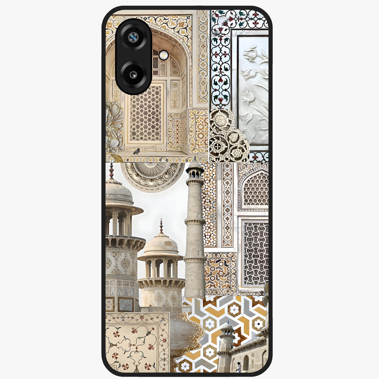 Mughal Marble Legacy Glass Case showing flat back view with intricate Mughal inspired marble pattern and glossy glass finish.
