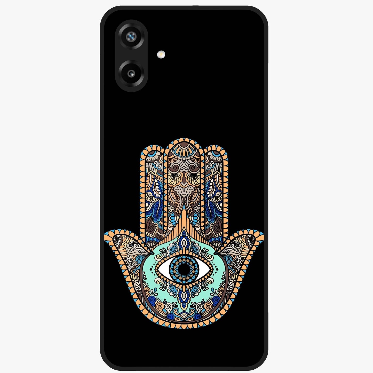 Mystic Hamsa Eye Glass Case showing flat back view with protective hamsa hand and evil eye artwork and glossy glass finish.