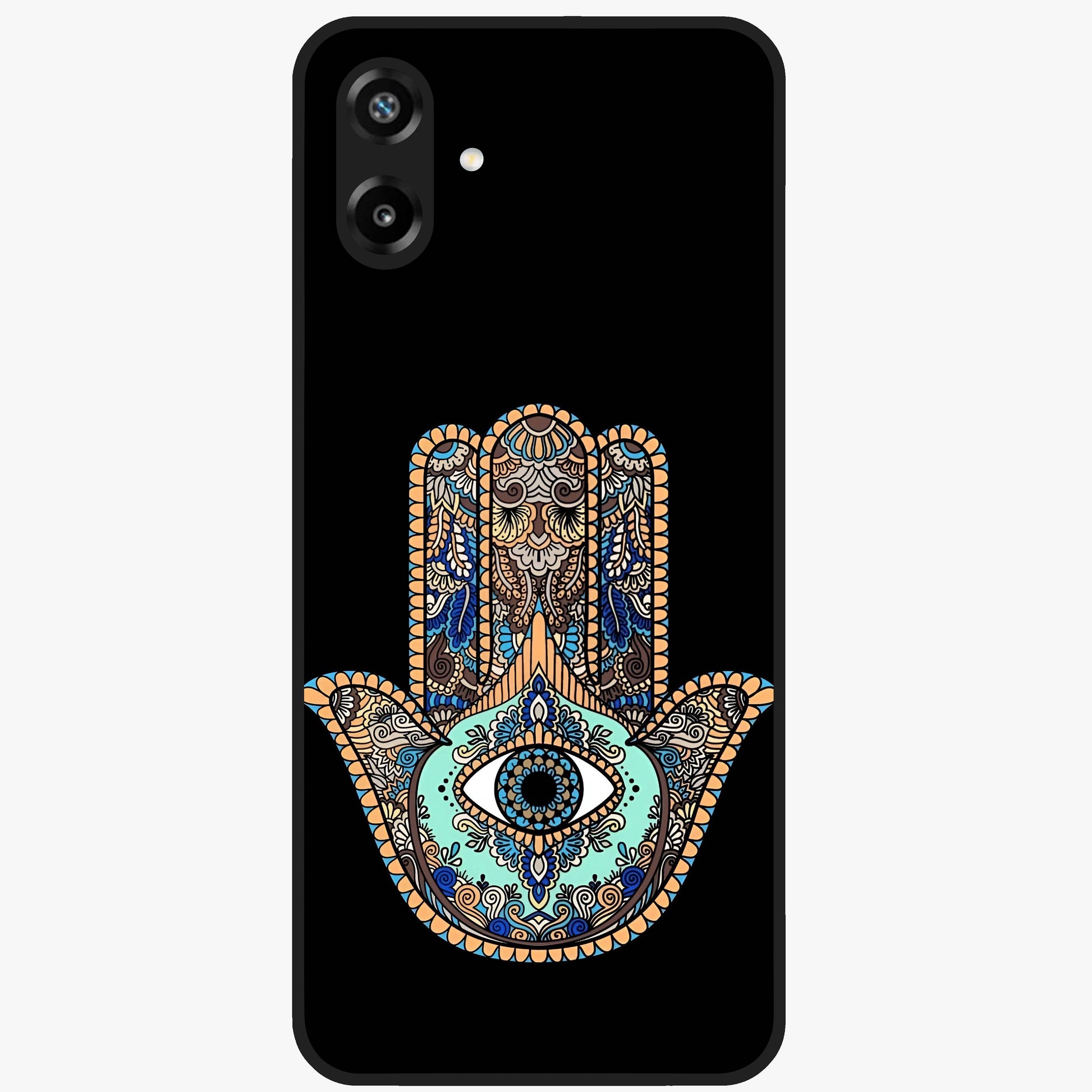 Mystic Hamsa Eye Glass Case showing flat back view with protective hamsa hand and evil eye artwork and glossy glass finish.