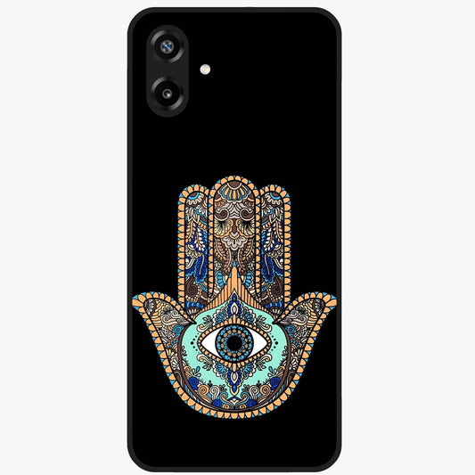 Mystic Hamsa Eye Glass Case showing flat back view with protective hamsa hand and evil eye artwork and glossy glass finish.