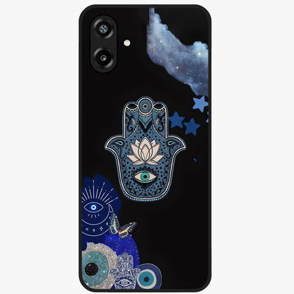 Mystic Hand Aura Glass Case showing flat back view with mystical hand symbol artwork and glossy glass finish.